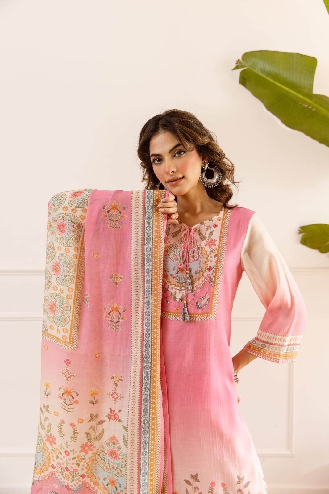 Mal Chanderi 3 Piece Suit Set - Pink & Cream - House of Patakha
