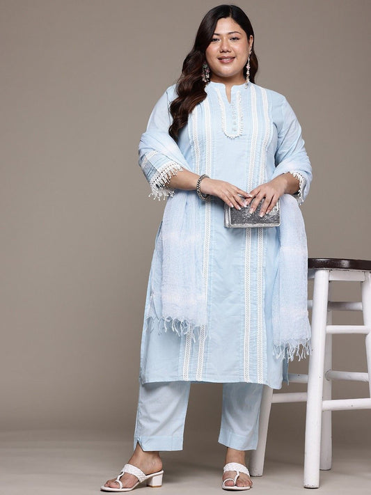 Cotton 3 Piece Suit Set - Sky & Butter Yellow - House of Patakha