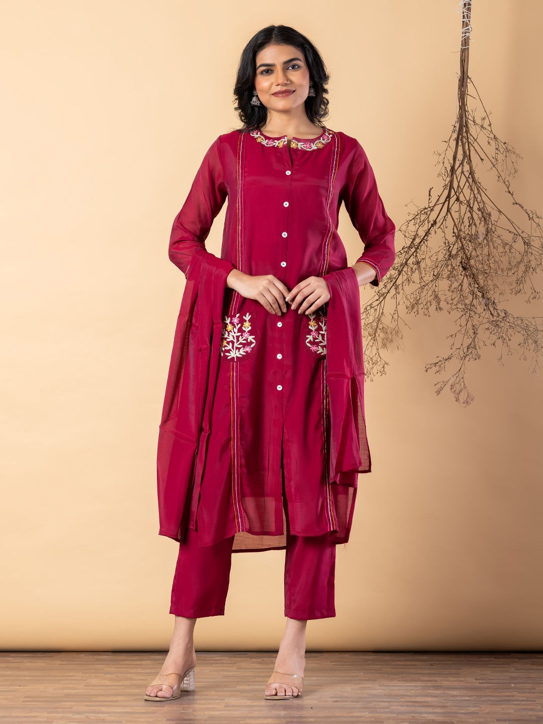 Organza 3 Piece Suit Set - Burgundy - House of Patakha