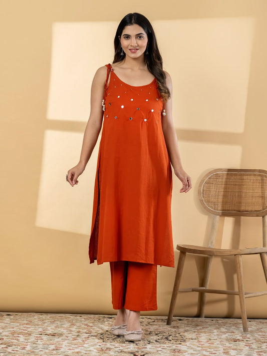 Cotton 2 Piece Suit Set - Rust & Green - House of Patakha