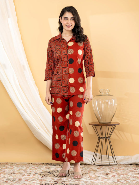 Cotton Blend Co-ord Set - Black & Maroon - House of Patakha