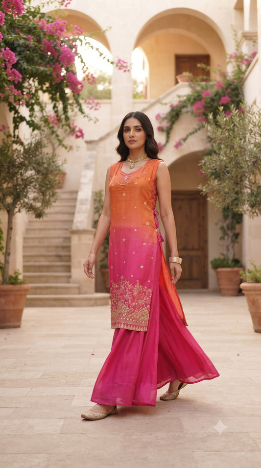 Tissue Shimmer 3 Piece Suit Set - Orange - House of Patakha