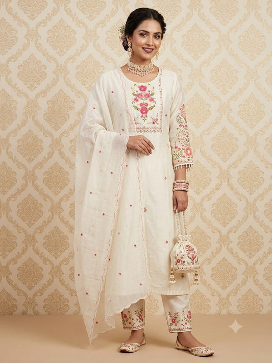Guchi Silk 3 Piece Suit Set - Cream - House of Patakha