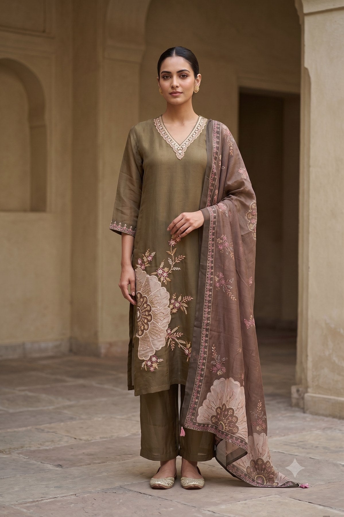 Mal Chanderi 3 Piece Suit Set - Mehndi Green - House of Patakha