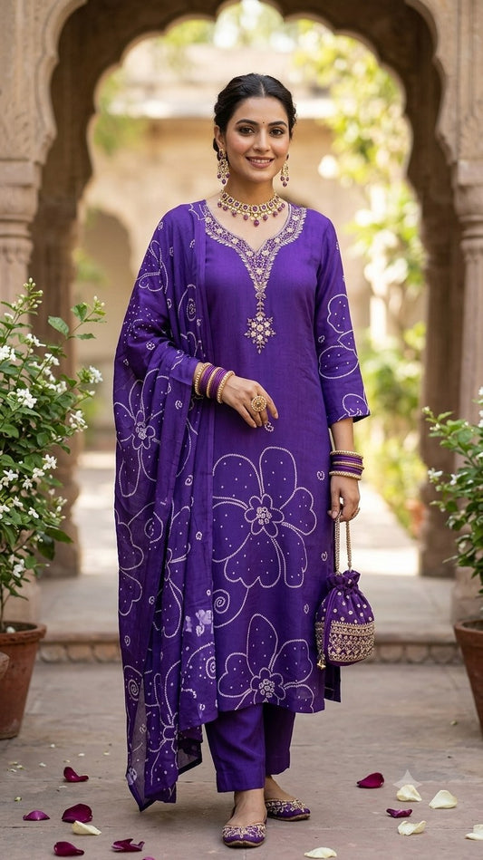 Natural Crepe 3 Piece Suit Set - Purple - House of Patakha