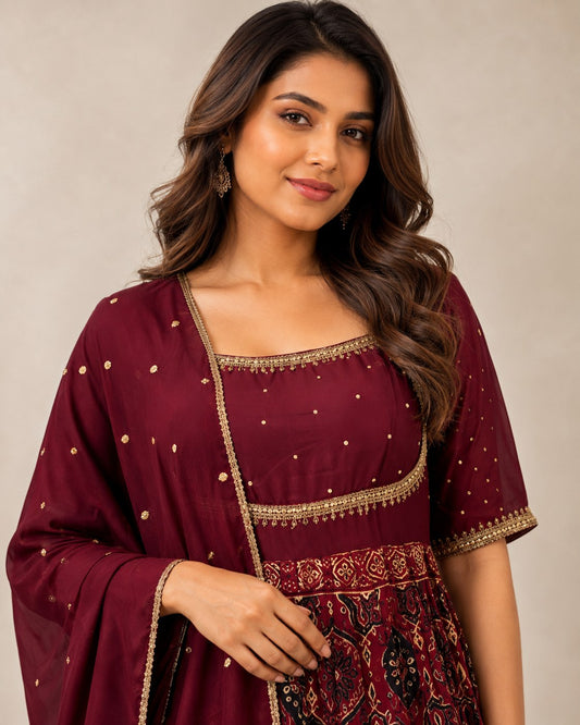 Burgundy Ajrakh 3 Piece Set - House of Patakha