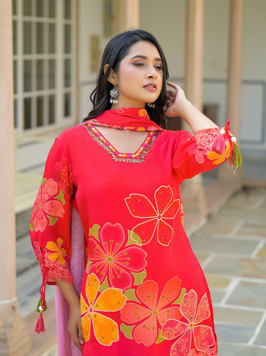 Floral Embroidered Suit Set - Red - House of Patakha