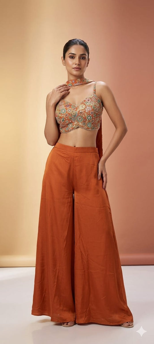 Crop Top Palazzo - Green, Orange & Rani Pink - House of Patakha