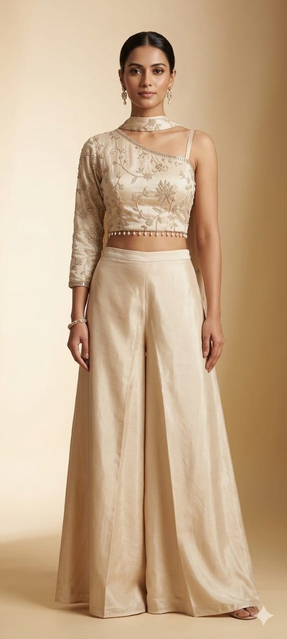 Cream One Shoulder Top Palazzo - House of Patakha