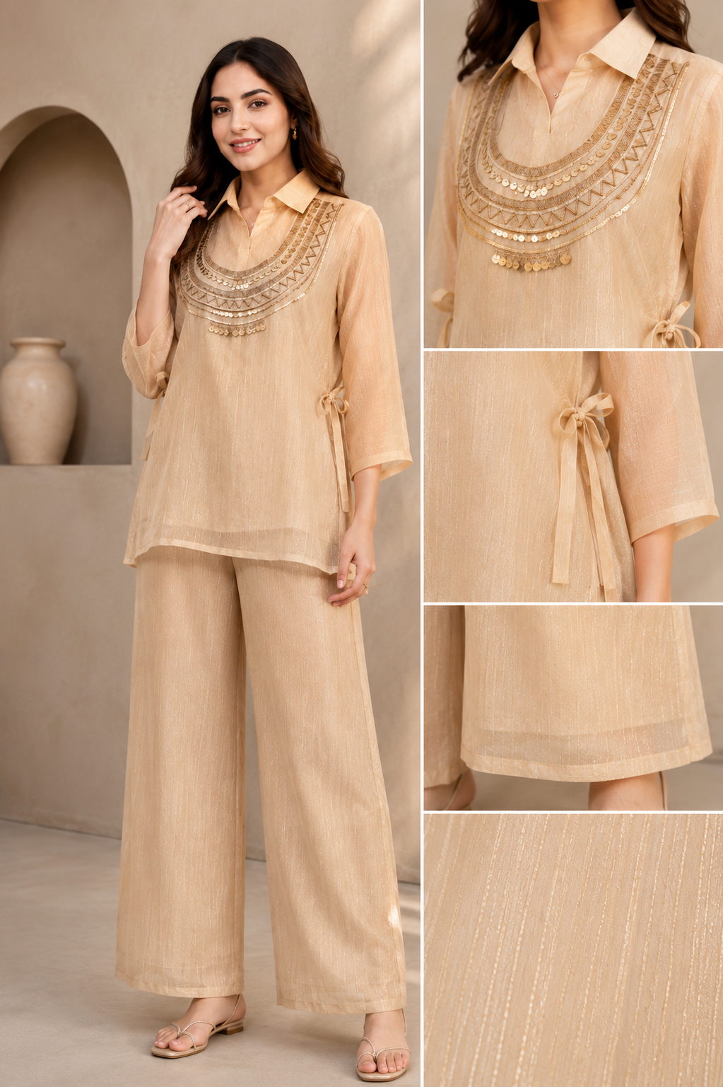 Crush Organza Co-ord Set - Green & beige
