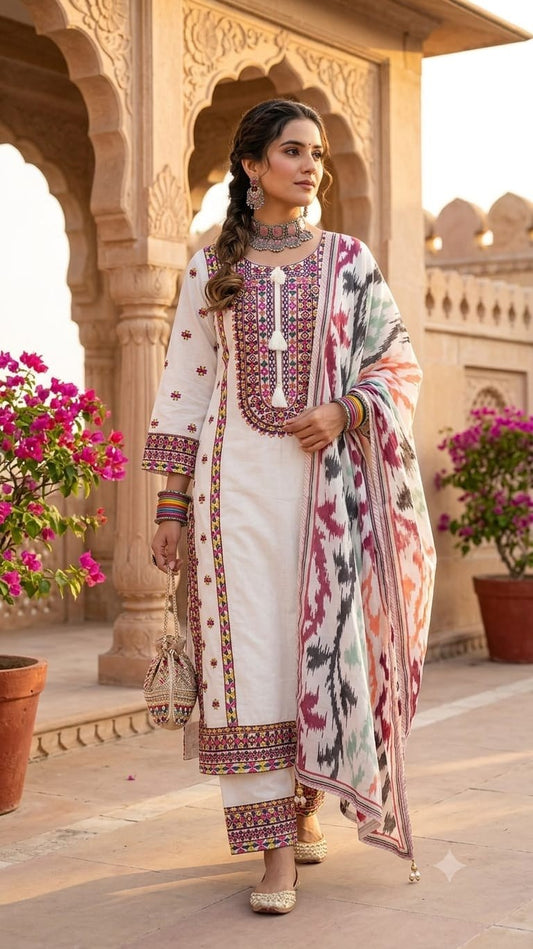 Cotton 3 Piece Suit Set - White - House of Patakha