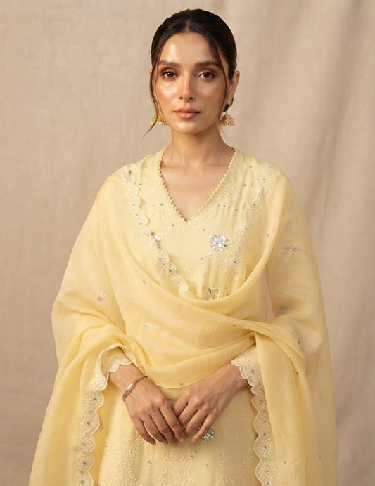Mal Chanderi 3 Piece Suit Set - Lemon Yellow & Cream White - House of Patakha