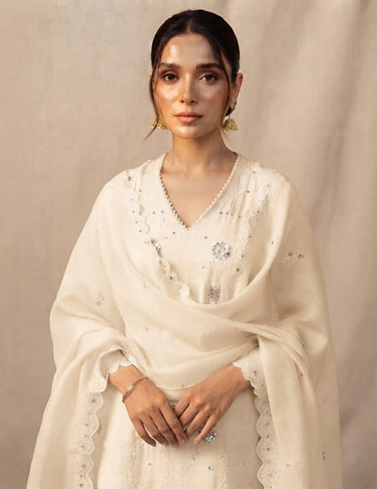 Mal Chanderi 3 Piece Suit Set - Lemon Yellow & Cream White - House of Patakha