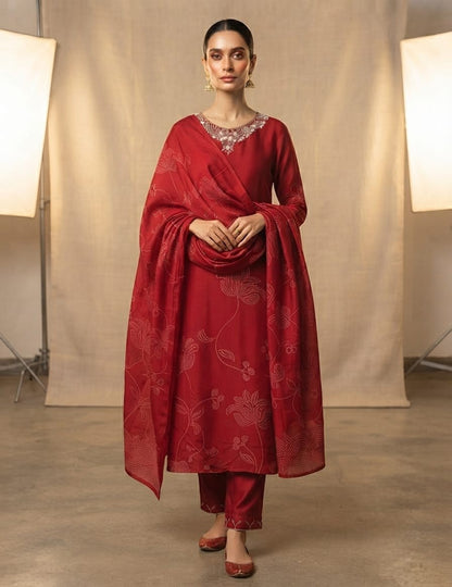 Crepe 3 Piece Suit Set - Red - House of Patakha