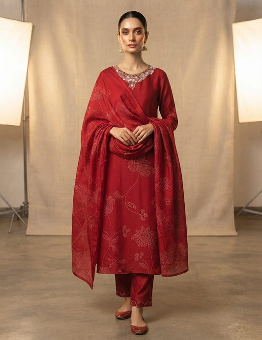Crepe 3 Piece Suit Set - Red - House of Patakha