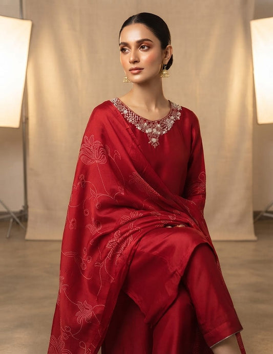 Crepe 3 Piece Suit Set - Red - House of Patakha