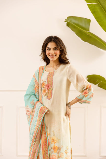 Mal Chanderi 3 Piece Suit Set - Pink & Cream - House of Patakha