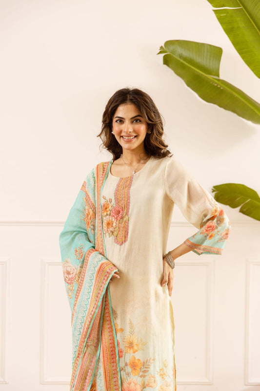 Mal Chanderi 3 Piece Suit Set - Pink & Cream - House of Patakha