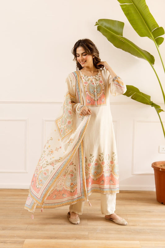 Mal Chanderi 3 Piece Suit Set - Pink & Cream - House of Patakha