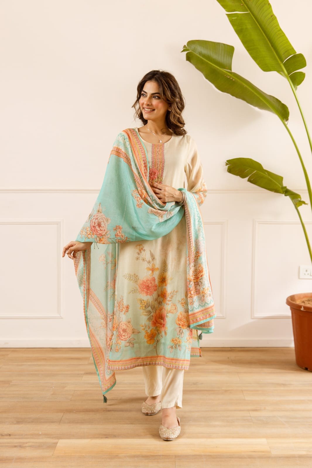 Mal Chanderi 3 Piece Suit Set - Pink & Cream - House of Patakha