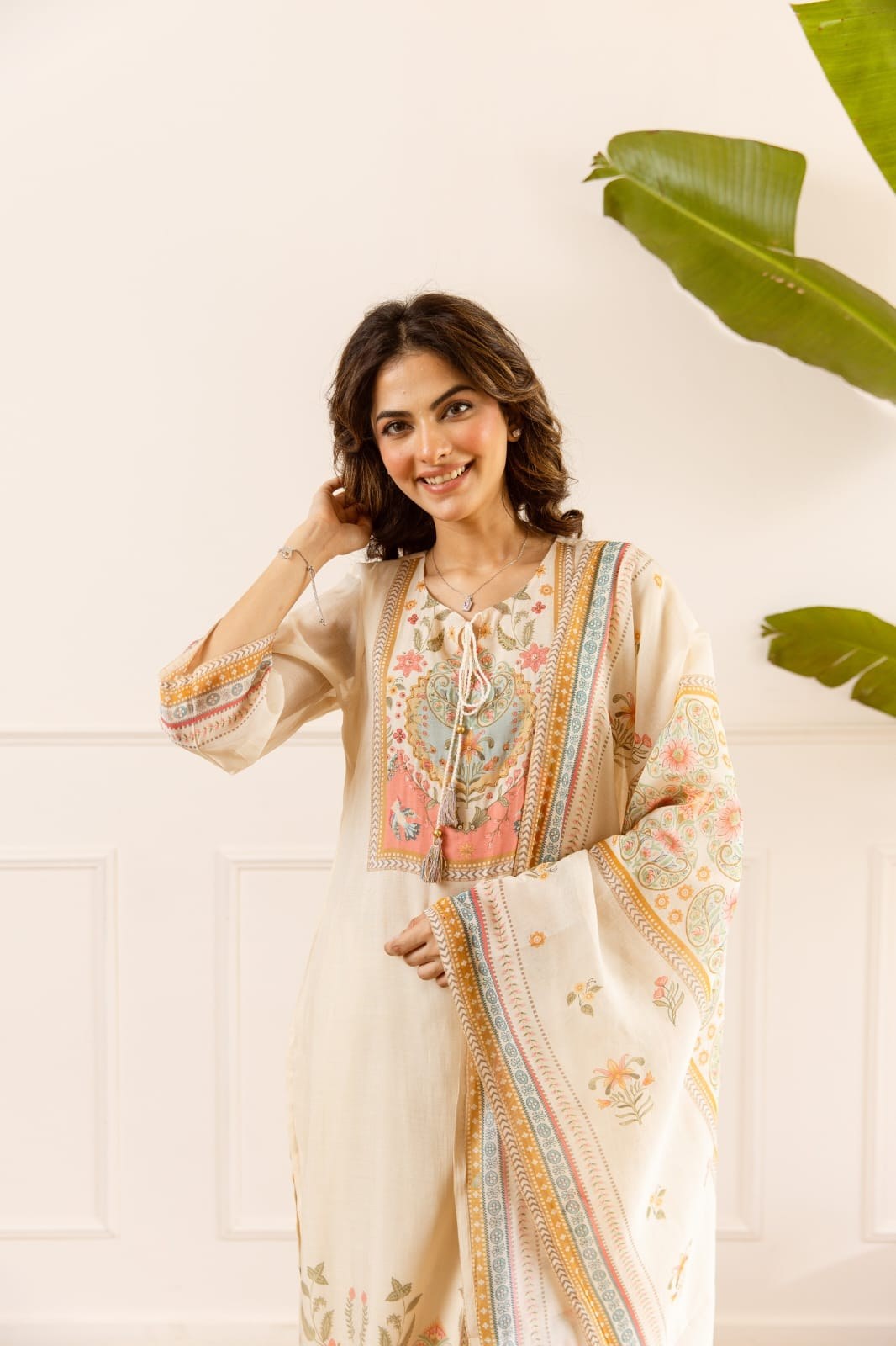 Mal Chanderi 3 Piece Suit Set - Pink & Cream - House of Patakha