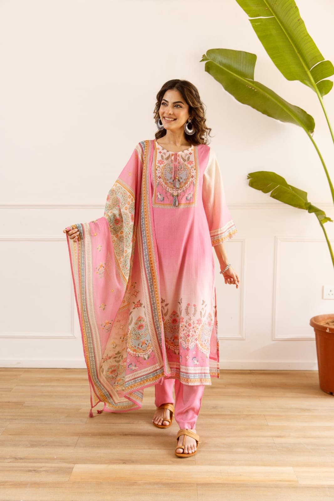 Mal Chanderi 3 Piece Suit Set - Pink & Cream - House of Patakha