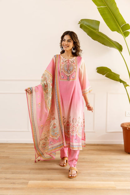 Mal Chanderi 3 Piece Suit Set - Pink & Cream - House of Patakha