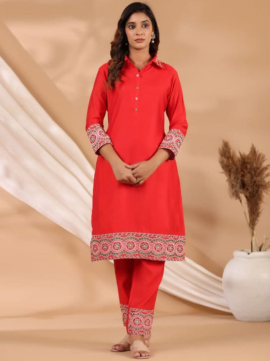 Cotton 2 Piece Suit Set - Red - House of Patakha