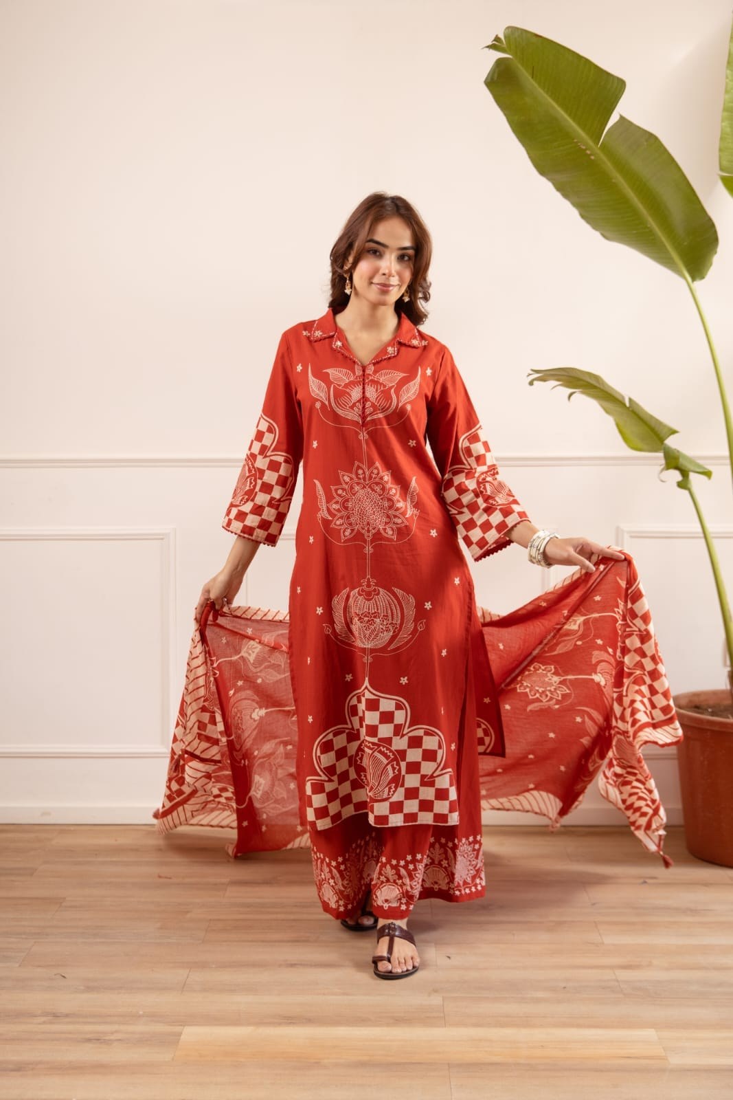 Cotton 3 Piece Suit Set - Rust - House of Patakha