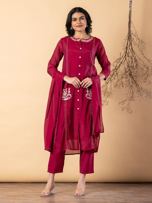 Organza 3 Piece Suit Set - Burgundy - House of Patakha