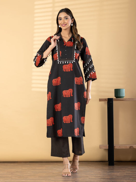 Cotton 2 Piece Suit Set - Black & Yellow - House of Patakha