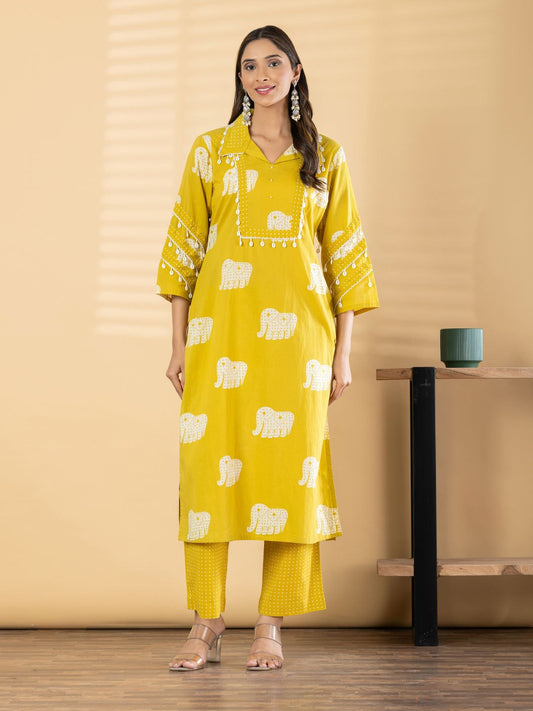 Cotton 2 Piece Suit Set - Black & Yellow - House of Patakha