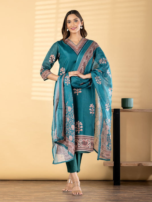 Kora Cotton 3 Piece Suit Set - Green - House of Patakha
