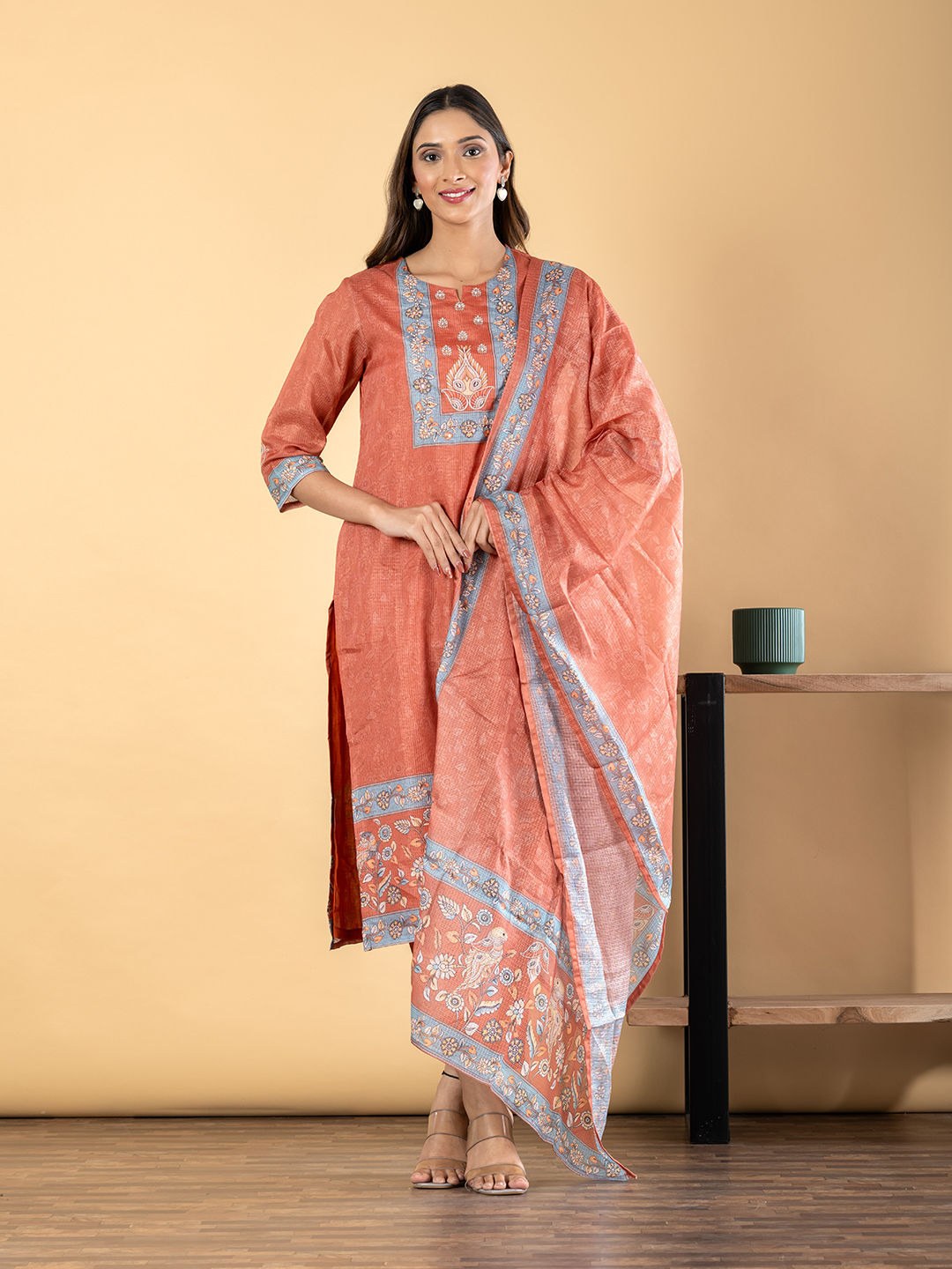 Kora Cotton 3 Piece Suit Set - Rust - House of Patakha