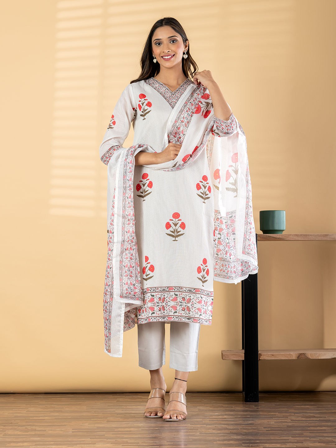 Kora Cotton 3 Piece Suit Set - Cream - House of Patakha