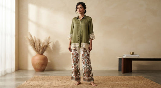 Viscose Co-ord Set - Orange & Green - House of Patakha
