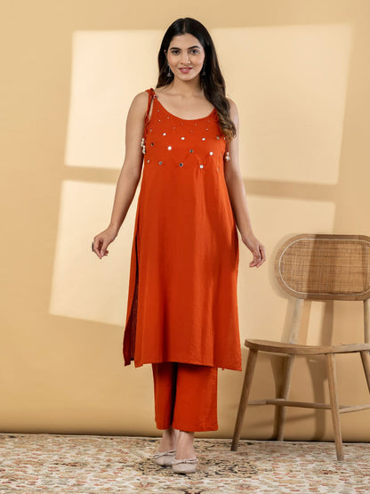 Cotton 2 Piece Suit Set - Rust & Green - House of Patakha