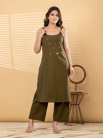 Cotton 2 Piece Suit Set - Rust & Green - House of Patakha