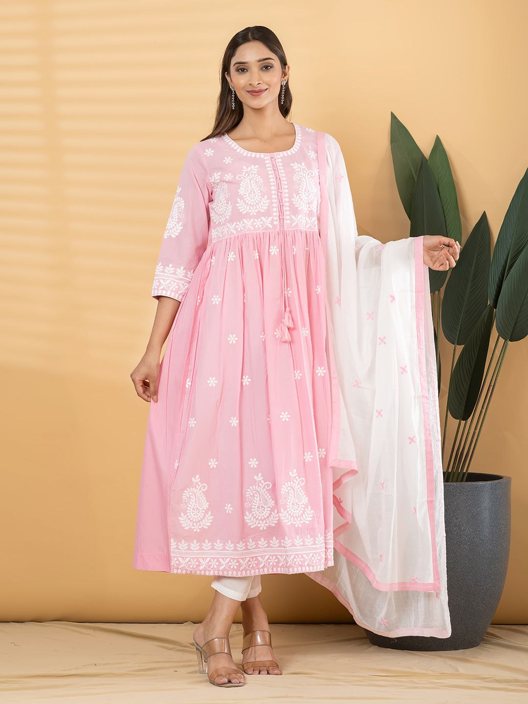 Cotton Blend 3 Piece Suit Set - Cream & Pink - House of Patakha