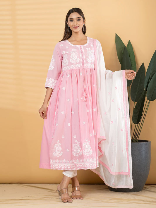 Cotton Blend 3 Piece Suit Set - Cream & Pink - House of Patakha