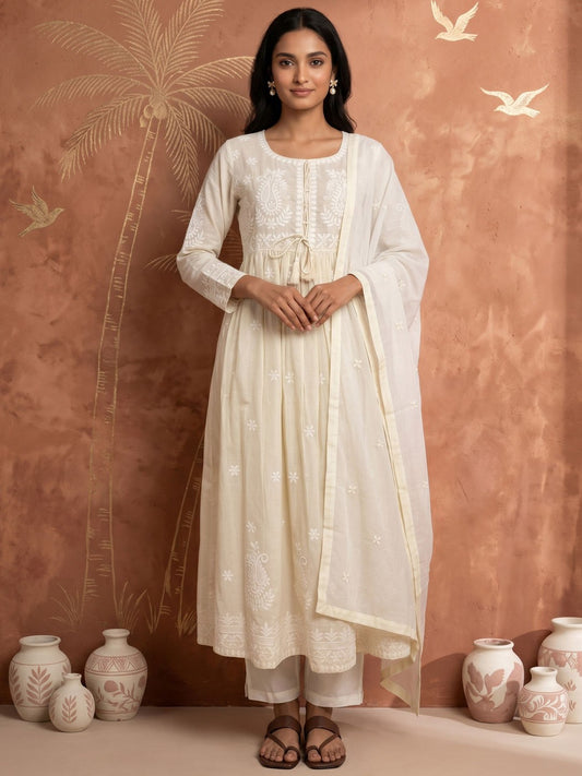 Cotton Blend 3 Piece Suit Set - Cream & Pink - House of Patakha