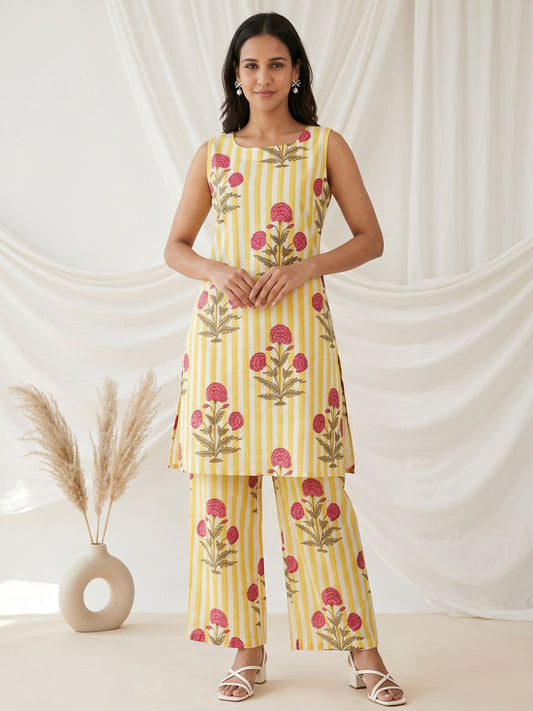 Cotton Printed Co-ord Set - Yellow - House of Patakha