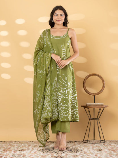 Cotton 3 Piece Suit Set - Green & Brown - House of Patakha