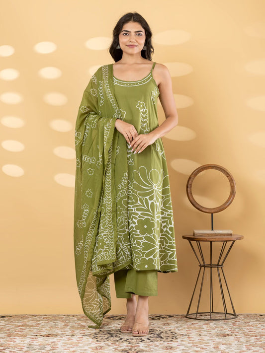 Cotton 3 Piece Suit Set - Green & Brown - House of Patakha