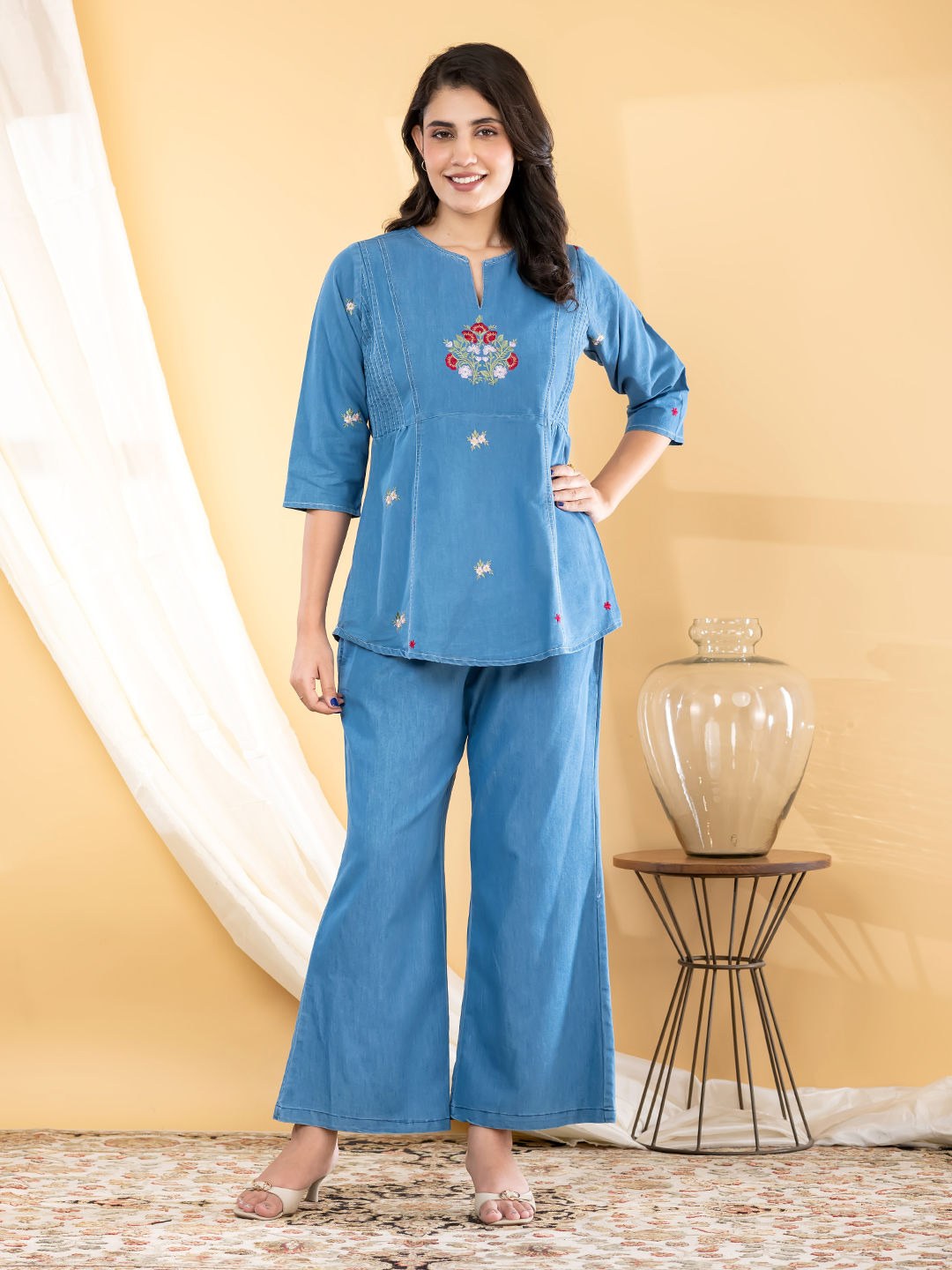 Cotton Denim Co-ord Set - Blue - House of Patakha