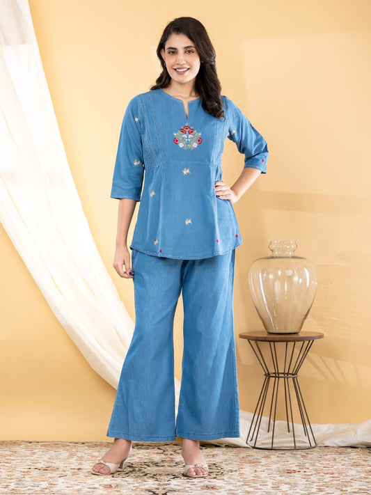 Cotton Denim Co-ord Set - Blue - House of Patakha