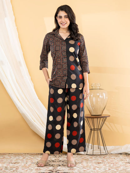 Cotton Blend Co-ord Set - Black & Maroon - House of Patakha