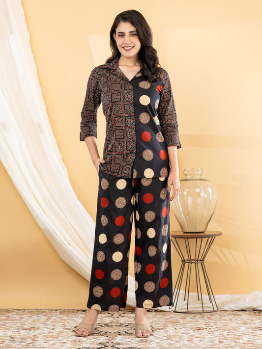 Cotton Blend Co-ord Set - Black & Maroon - House of Patakha