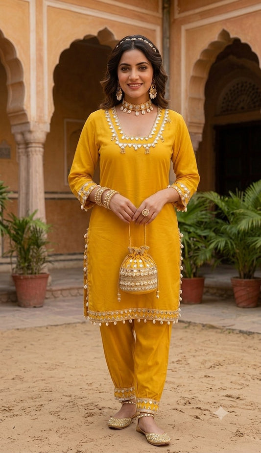 Modal Silk 2 Piece Suit Set - Yellow - House of Patakha