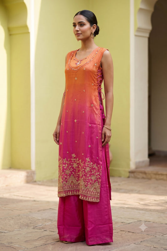 Tissue Shimmer 3 Piece Suit Set - Orange - House of Patakha